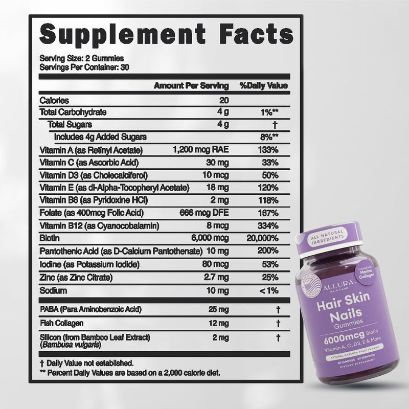 Hair Skin and Nails Vitamins for Women – Extra Strength 6000mcg Biotin Hair Gummies with Marine Collagen, Vitamin E, A, C & PABA for Hair Growth, Healthy Skin & Nails – Made in US, Passion Fruit, 60ct 60 Count (Pack of 1)