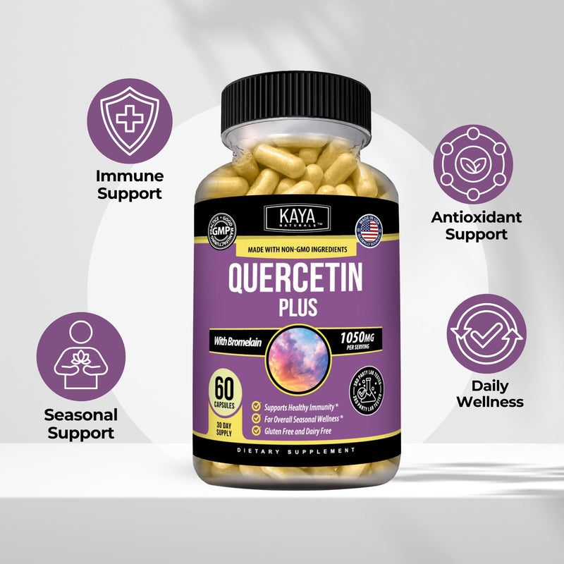Kaya Naturals Quercetin with Bromelain & Zinc, 1,050 mg, 60 Capsules | Quercetin 800 mg - Bromelain 200 mg - Zinc 50 mg, Seasonal Wellness & Immune Support, Non-GMO, Gluten & Dairy Free