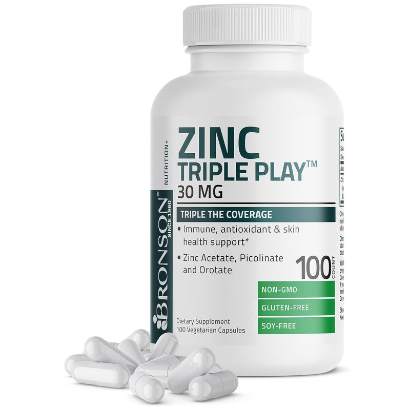 Bronson Zinc Triple Play 30 mg Triple Coverage Immune Support Zinc Supplement with Zinc Acetate, Picolinate & Orotate - Immune, Antioxidant & Skin Health Support - 100 Vegetarian Capsules 100 Count (Pack of 1) - BeesActive Australia