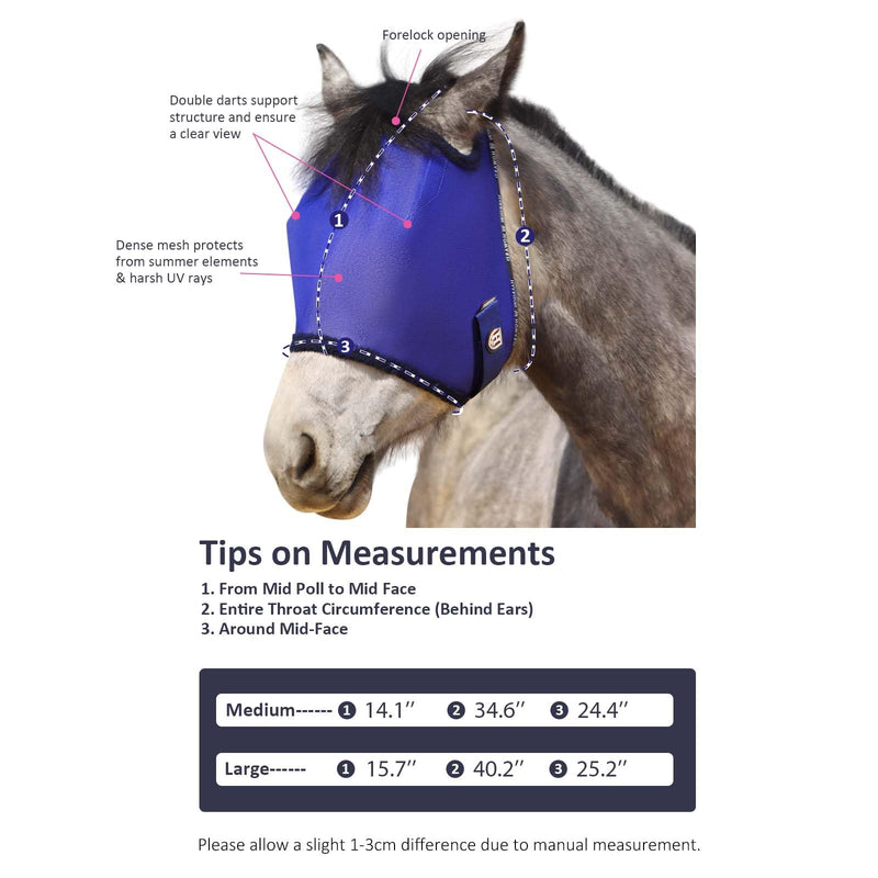 Harrison Howard All-Round Mesh Horse Fly Mask UV Protective with Fleece-Padded Edging Deep Navy L Full (Large) - BeesActive Australia