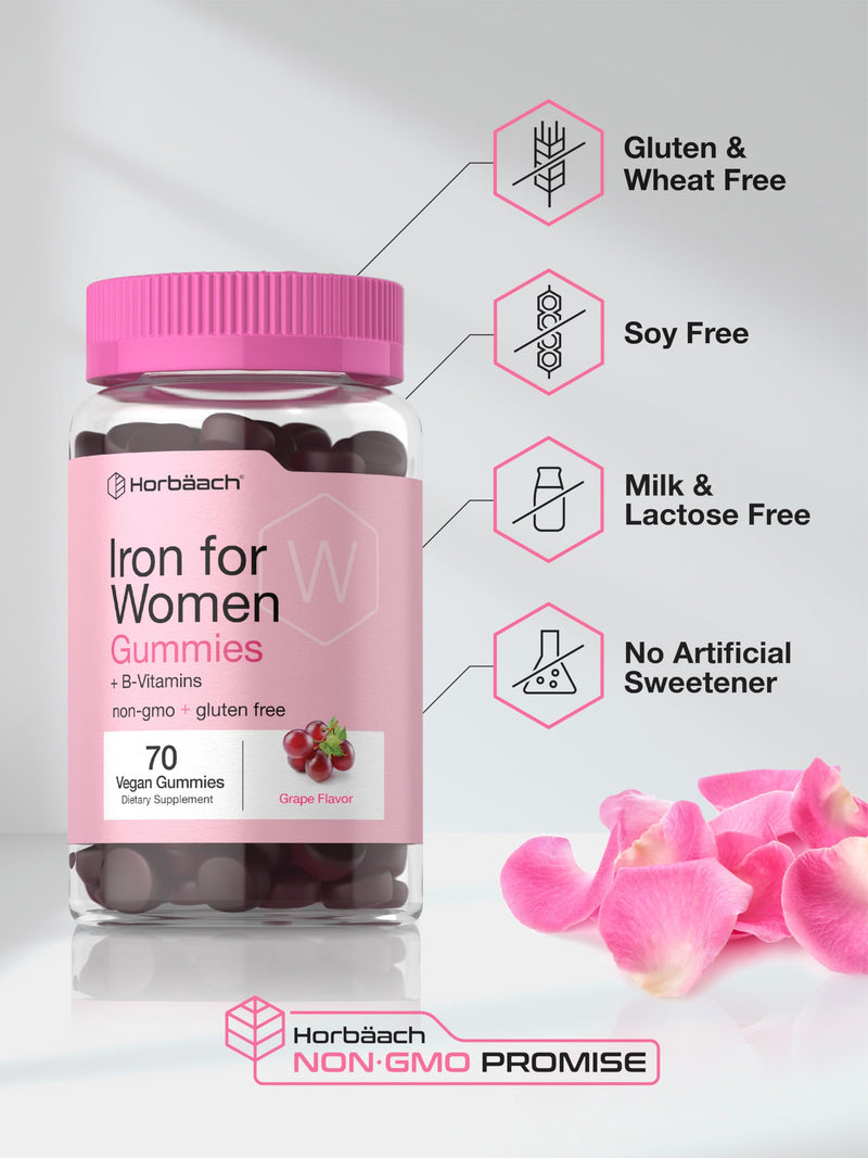 Horbäach Iron Gummies for Women | 70 Count | Grape Flavor | Supplement with B Vitamins Folate and Zinc | Vegan, Non-GMO & Gluten Free
