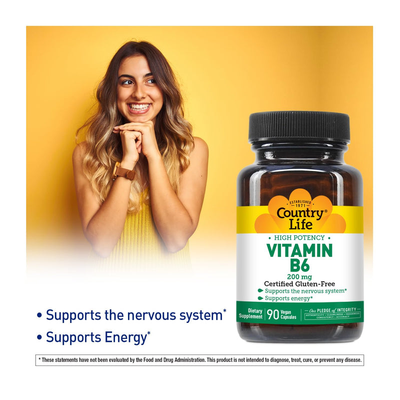 Country Life Vitamin B6 200 mg, High Potency, 90 Vegan Capsules | Supports energy metabolism and nervous system function in once-daily gluten-free and kosher formula B-6 Unflavored 90 Count (Pack of 1)