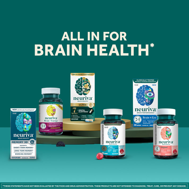 NEURIVA Plus Decaff Nootropic Brain Supplement for Memory, Focus & Concentration & Cognitive Function, Clinically Tested NeuroFactor, Phosphat, Vitamins B6 B12, 50ct Strawberry Gummies (Pack of 2) 50 Count (Pack of 2) Brain gummies