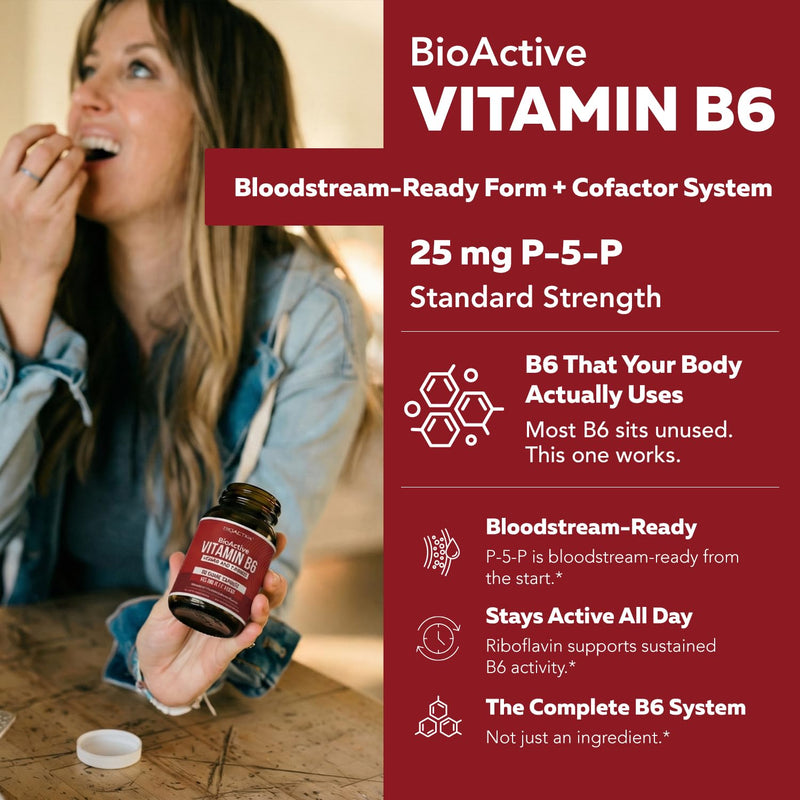 BioActive Vitamin B6 25mg Capsules - Active P-5-P Form for Mood, Energy & Cycle Support - Enhanced Absorption with Riboflavin & Magnesium - Clinical Strength, Non-GMO (60 Capsules - 2 month supply) 25 mg