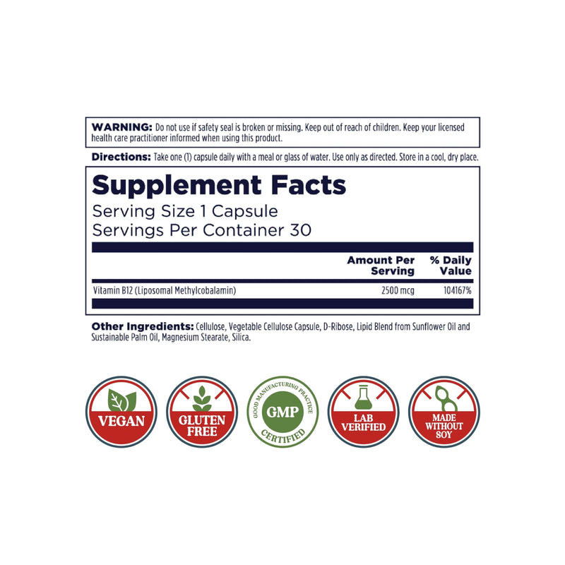 KAL Liposomal Vitamin B12 2500 mcg, High Absorption, Liposomal Technology, Cellular Energy Support, Vegan Capsules, Gluten Free, Made Without Soy, 30 Servings | Cellular Energy, Nerve & Red Blood Cell Support, Liposomal Methylcobalamin B12, 30 Servings...