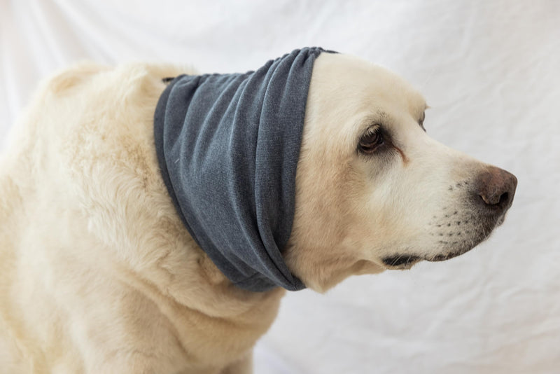 Calming Dog Ear Cover - Anti-Anxiety & Stress Relief Neck Gaiter for Surgery Recovery, Bathing, Grooming, Thunder & Fireworks Grey L Large