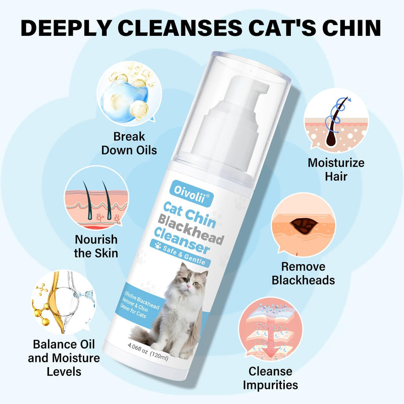 Cat Black Seed Cleaner Kit,120ml Remove Cat Chin Blackheads Gentle & Effective Acne Chin Treatment 2-in-1 Wash and Black Seed Brush Soft Silicone Cat Grooming Scraper Brush 120ml
