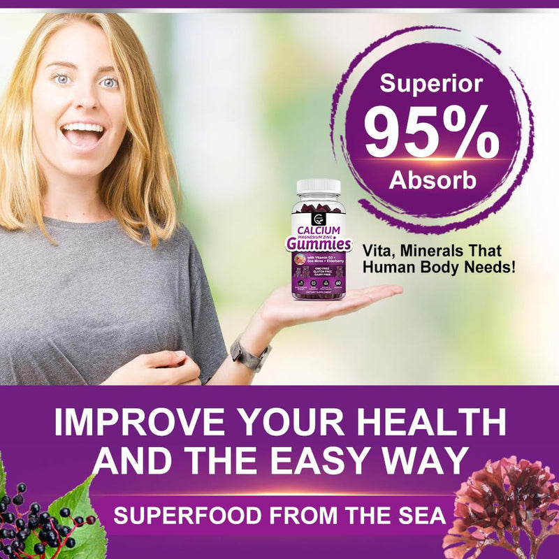 Calcium Magnesium Zinc Gummies with High Absorption Magnesium Glycinate 300mg, Potassium - Plant Complex Calcium Magnesium 2:1 Ratio, with D3 Sea Moss for Bone, Immune & Sleep Support, Vegan-1 Pack 60 Count (Pack of 1)