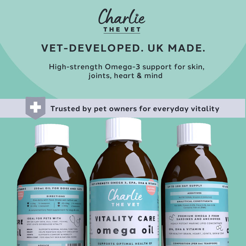 CharlieTheVet Vitality Care Omega 3 Fish Oil Supplement for Dogs, EPA 810mg & DHA 540mg per 5ml, with Vitamin E, for Skin, Joint & Heart Health