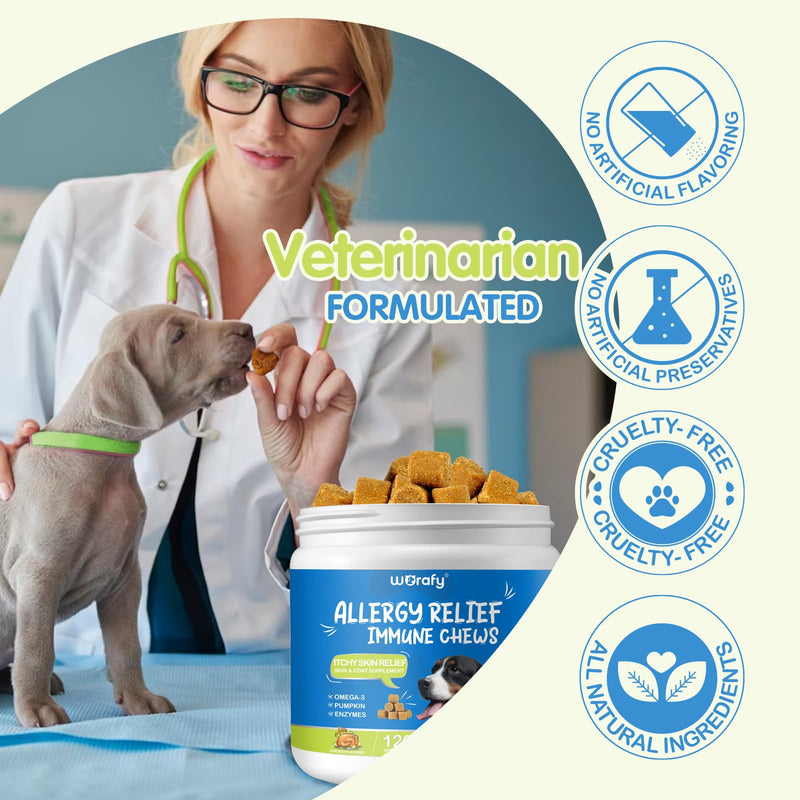 Dog Allergy Relief Chews (120 Count), Dog Allergy Chews, Itch Relief for Dogs, Omega 3 Fish Oil + Pumpkin Enzymes + DHA for Dogs, Anti Hot Spots + Seasonal Allergies, Skin & Coat Immune Health W-Dog Allergy 110 chews - PawsPlanet Australia