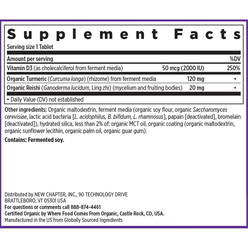 New Chapter Fermented Vitamin D3 2,000 IU, 60 Count | USDA Organic ONE Daily for Immune, Heart, and Bone Support with Whole-Food Turmeric and Adaptogenic Reishi Mushroom 60 Count (Pack of 1)