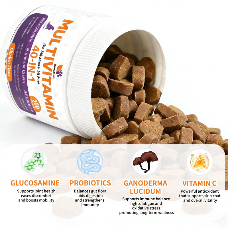 Dog Multivitamin Chewable - Dog Vitamins and Supplements with Glucosamine - 200 Chews - Hip & Joint, Pet Immune Support, Skin & Coat, Gut & Heart Health - Senior & Puppy