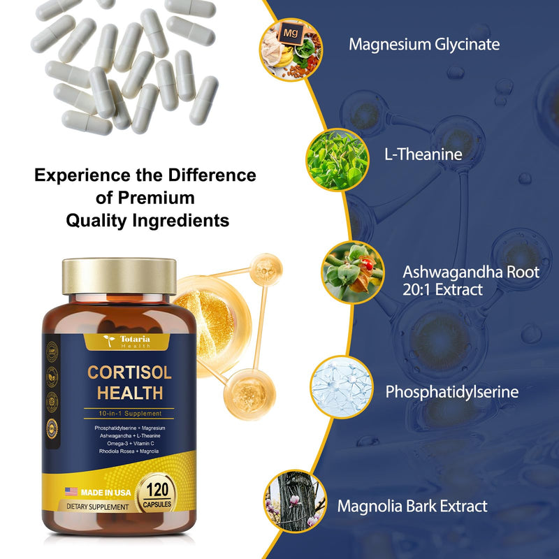 Totaria Cortisol Supplement for Women 120 Vegan Capsules Hormone Balance | with Ashwagandha,Magnesium,Rhodiola Rosea,L Theanine Mood, Focus, Sleep Support (Pack of 1) 120 Count (Pack of 1)