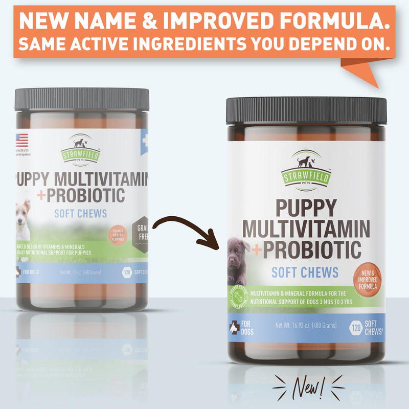 Strawfield Pets Puppy Multivitamin + Probiotics for Dogs Puppy Vitamins with Joint Support Supplement for Dogs & Puppies Peanut Butter Flavor 120 Crumbly Soft Chews Mild Peanut Butter