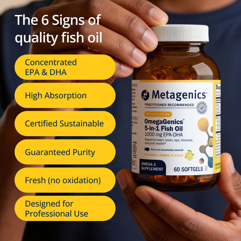 Metagenics OmegaGenics Omega-3 Fish Oil 1000mg EPA DHA, 60 Softgels | High Potency Omega-3 Supplement for Heart, Brain and Joint Health, Sustainably Sourced Fish Oil, 1000mg EPA and DHA Lemon 60 Count (Pack of 1)