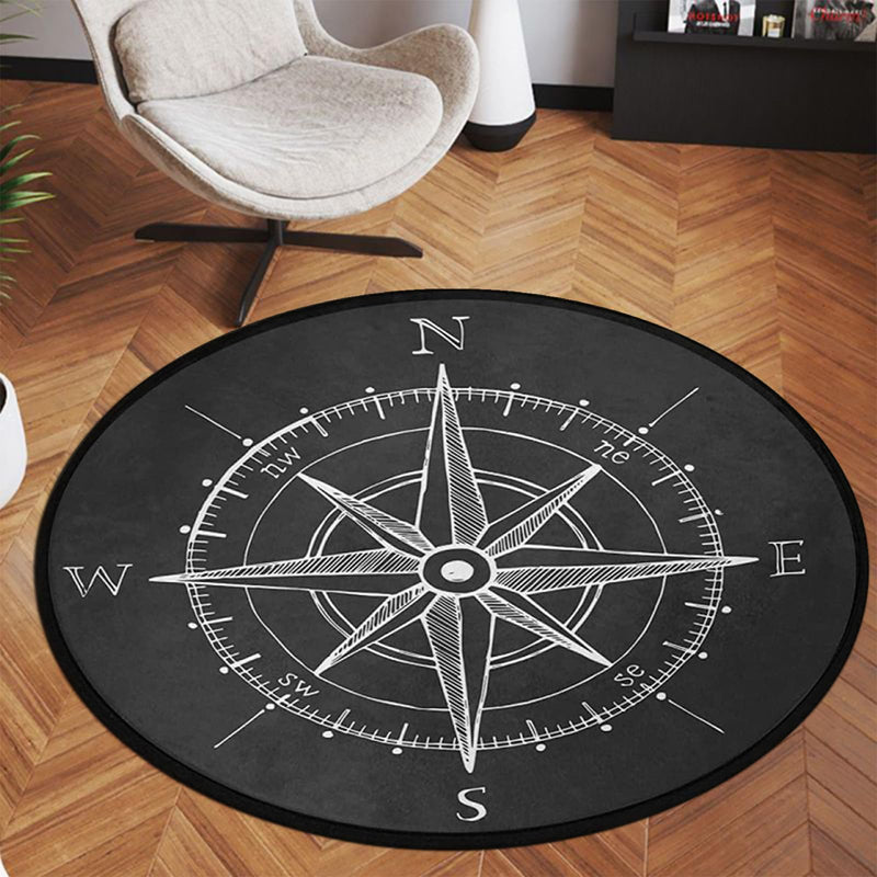 keepcute Vintage Wind Rose Compass Black Round Area Rug for Bedroom Living Room Study Playing,Non-Slip Round Floor Mat Carpet,4 ft 4' (Round)