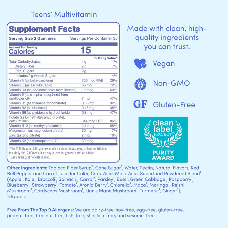 FIRST DAY Vitamins for Teens - Teen Multi Vitamins for Girls & Boys 12-17, Organic Fruit & Veggie Blend - 12 Key Nutrients: Vitamins A, B1, B2, B6, B9, B12, C, D3, E, K2-30 Day Supply 60 (Pack Size 1)