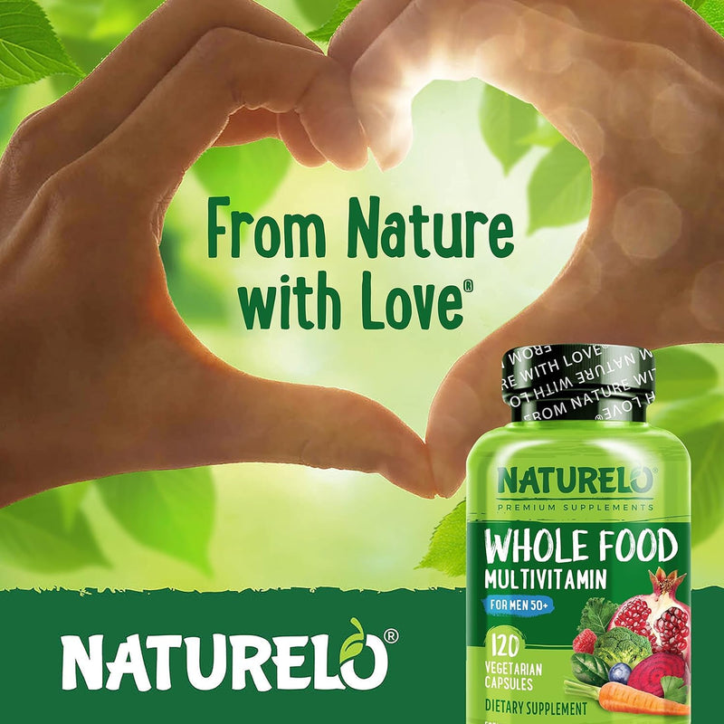 NATURELO Men's Multivitamins 50+, Whole Food Multivitamin for Men 120 Caps | Vitamins, minerals, vegetarian capsules, energy, brain, heart, eye health* 120 Count (Pack of 1)