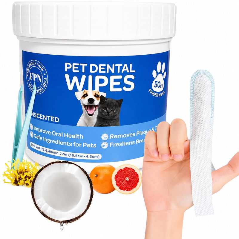 Pet Dog Teeth Cleaning Finger Wipe – 50-Count Disposable Teeth & Gum Cleaning Dental Wipes for Dogs & Cats, Embossed Finger Pads for Plaque & Tartar Removal, Breath Freshening, No-Rinse Oral Care