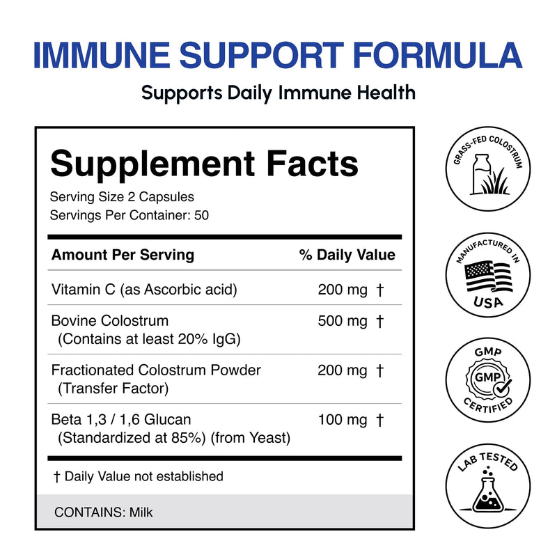 Max Support Supplement with Transfer Factor, Pure Bovine Colostrum, Beta-1, 3/1, 6-D Glucan & Vitamin C for Daily Immune System Function, Enhances Overall Health & Wellness - 100 Capsules Oramune Max