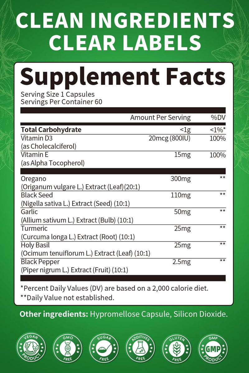 Organic Oil of Oregano Capsules with Black Seed Oil, Garlic, Turmeric, Holy Basil, Vitamin D3, E & Black Pepper for Better Absorption ‚Äì Immune, Digestive & Respiratory ‚Äì Vegan, Non-GMO, 4 Month Supply 60 Count (Pack of 2)