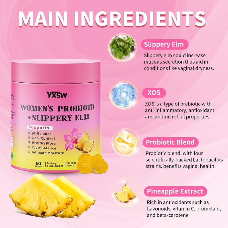 Women's Probiotics Slippery Elm Gummies, Sugar-Free Feminine Probiotics Gummies Support pH Balance, Gut Health & Immune System, Pineapple Flavor, 60 Count