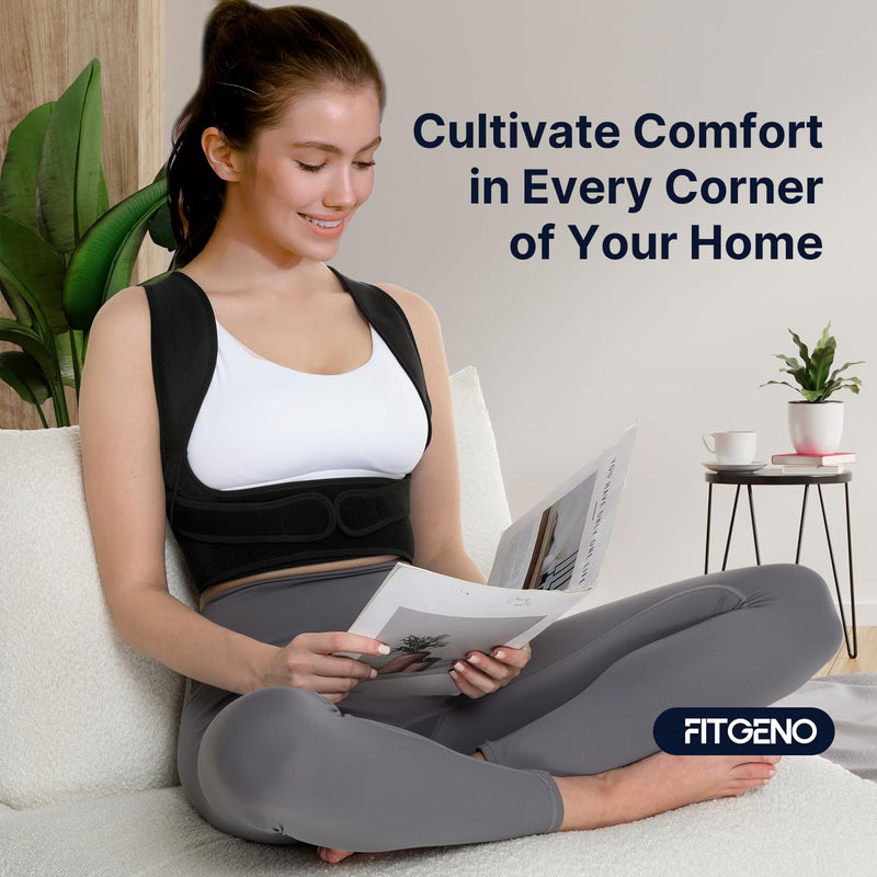 Fit Geno Posture Corrector for Women & Men: Adjustable Lightweight Upper Back Brace for Neck Shoulder & Upper Back Pain Relief - Improve Posture Correct Hunchback Slouching Invisible Under Clothes (M/L Under Bust 35" - 47") Black Medium/Large