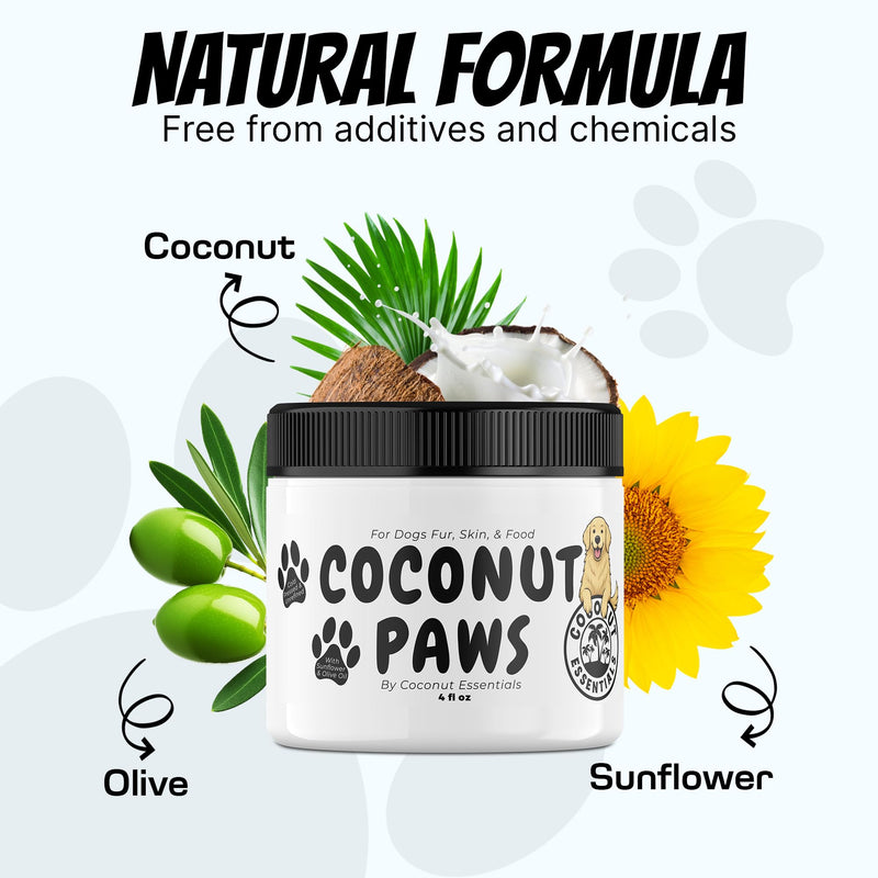 Coconut Essentials Coconut Paws - Dog Skin and Coat, Itching Relief, Hot Spot Treatment, Hair Loss, Cracked Paws, Elbows, Dry Nose | w/Organic Coconut Oil, Olive & Sunflower Oils | Vet Recommended 4oz