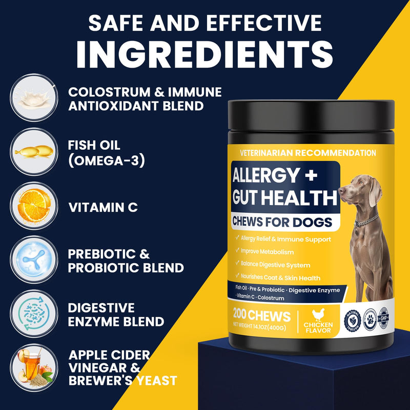 Dog Allergy Chews Probiotics for Dogs Yeast, Itchy Skin and Itchy Ears Itch Relief Immune Pre Probiotic Chews for Pet Digestive Gut Health Anti Itch Supplement for Itching and Licking Dogs Allergies Chicken