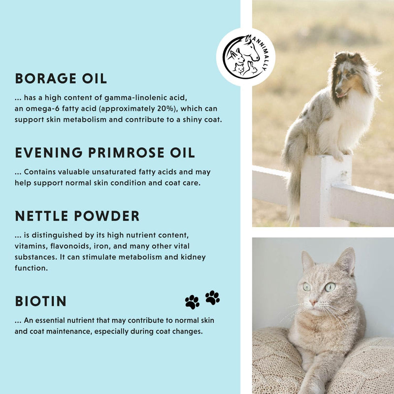 Annimally Skin & Coat Powder for Dogs & Cats 120 g - Daily Nutritional Supplement for Coat, Skin & Claws, with Brewer’s Yeast, Spirulina, Biotin, Zinc & Calcium, Made in Germany