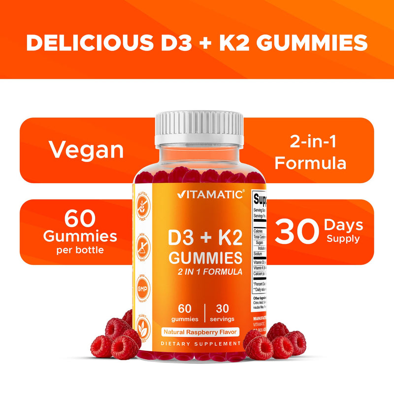 Vitamatic Vitamin D3 + K2 Gummies 60 Count | D-3 5000 IU + Vitamin K 140mcg for Bone Heart & Immune Support, Pectin-Based, Non-GMO, Gluten-Free 60 Count (Pack of 1)