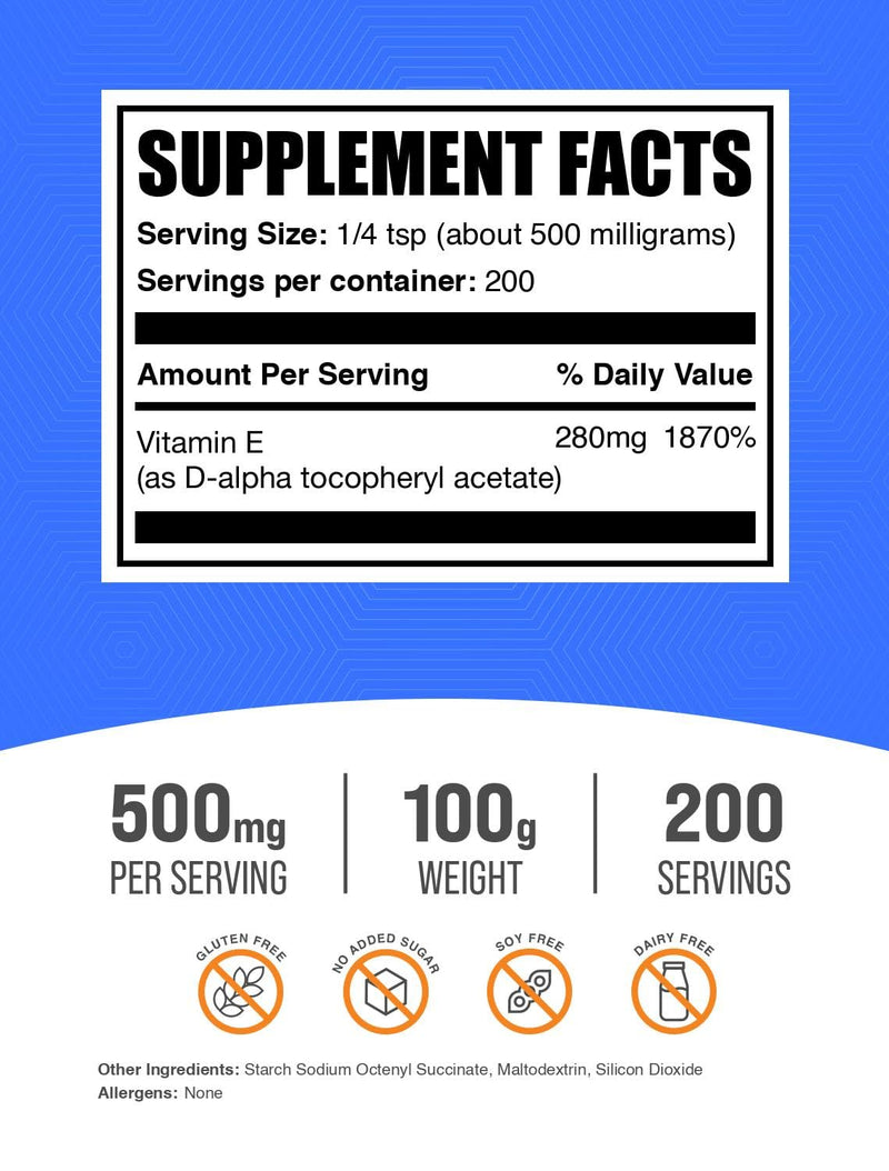 BulkSupplements.com Vitamin E 400 IU Powder - as D-Alpha Tocopherol, Nutritional Supplements - Gluten Free, 500mg per Serving, 100g (3.5 oz) (Pack of 1) 100 Gram - BeesActive Australia