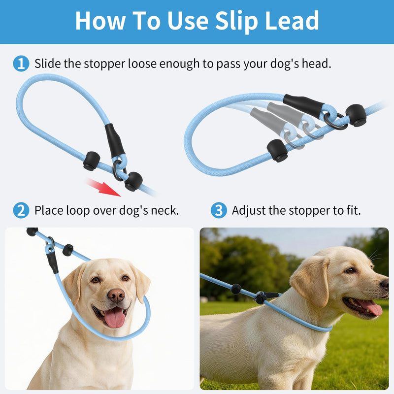 Kazazoo Slip Lead Dog Leash, Hands-Free No Pull Training Leash with Padded Handle for Medium Large Heavy Duty Dogs, Blue Light Blue - BeesActive Australia