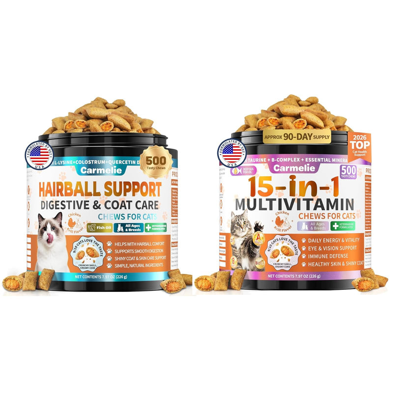Cat Vitamins & Hairball Support, 2 x 500 Crunchy & Creamy Chews, Cat Multivitamin & Hairball Remedy Treats for Digestion, Skin Coat, Gut Health & Daily Wellness, Chicken & Krill Flavor