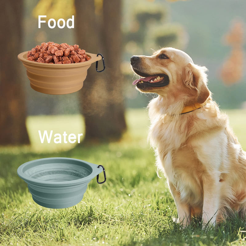 PetBonus 2-Pack Silicone Collapsible Dog Bowls, BPA Free Dishwasher Safe, Portable Foldable Expandable Travel Bowl, Food Water Feeding Cup Dish for Dogs Cats with 2 Carabiners (Turquoise, Tan) 20 Oz Turquoise, Tan - BeesActive Australia