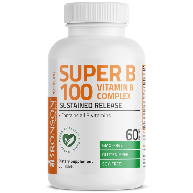 Bronson Super B100 Vitamin B Complex Sustained Release, 60 Tablets | B1, B2, B3, B6, Folic Acid, B12, Biotin & Pantothenic Acid, Energy & Nerve Support, Non-GMO, Gluten-Free & Soy-Free Unflavored 60 Count (Pack of 1)