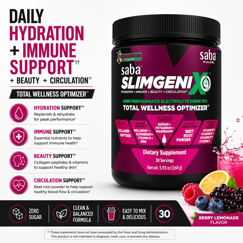 Saba SlimGenix IQ Electrolyte Powder Drink Mix – Hydration + Immune Support with Wellmune, Vitamin C & Zinc | Energy, Recovery & Daily Hydration | Berry Lemonade | 30 Servings