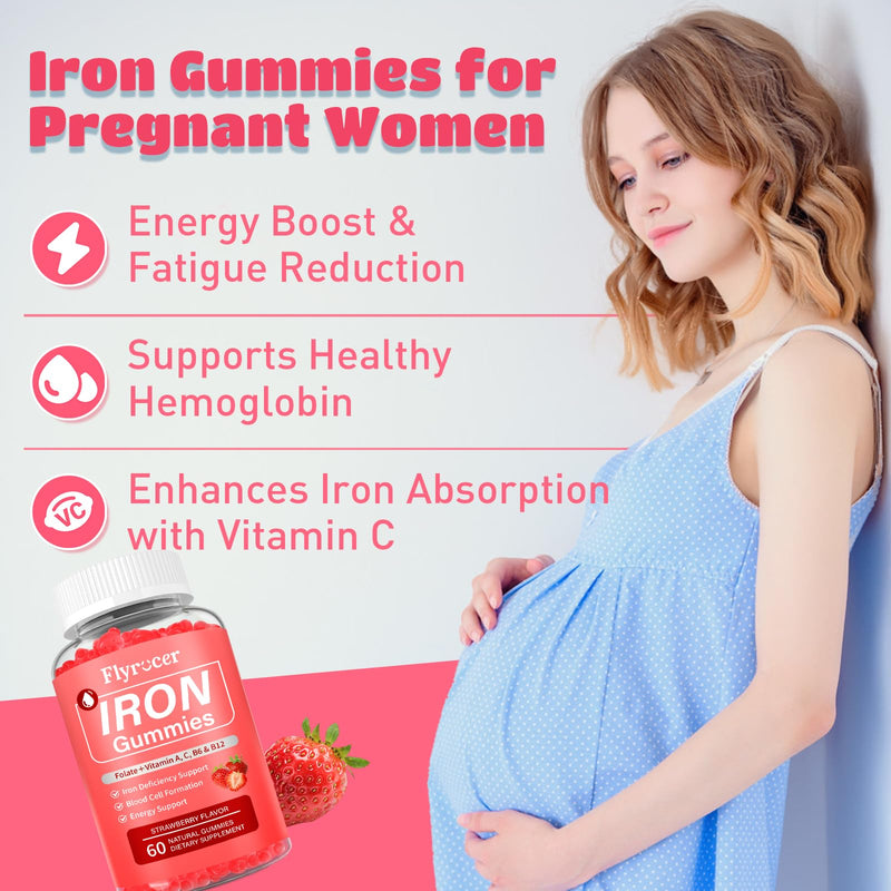 2 Pack Iron Gummies for Men and Women, Energize, Combat Fatigue, Support Anemia Recovery. Packed with Iron, Folate, Vitamin C, in Vegan Strawberry Flavor, 120 Gummies 60 Count (Pack of 2)