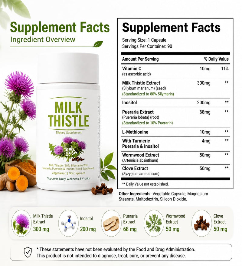 Milk Thistle Liver Detox, Vegan Support, 90 Capsules | 8 In 1 Blend Liver Support Supplement with 80% Silymarin, Inositol, Turmeric & Vitamin C, Daily Wellness Formula.1pc 1pc
