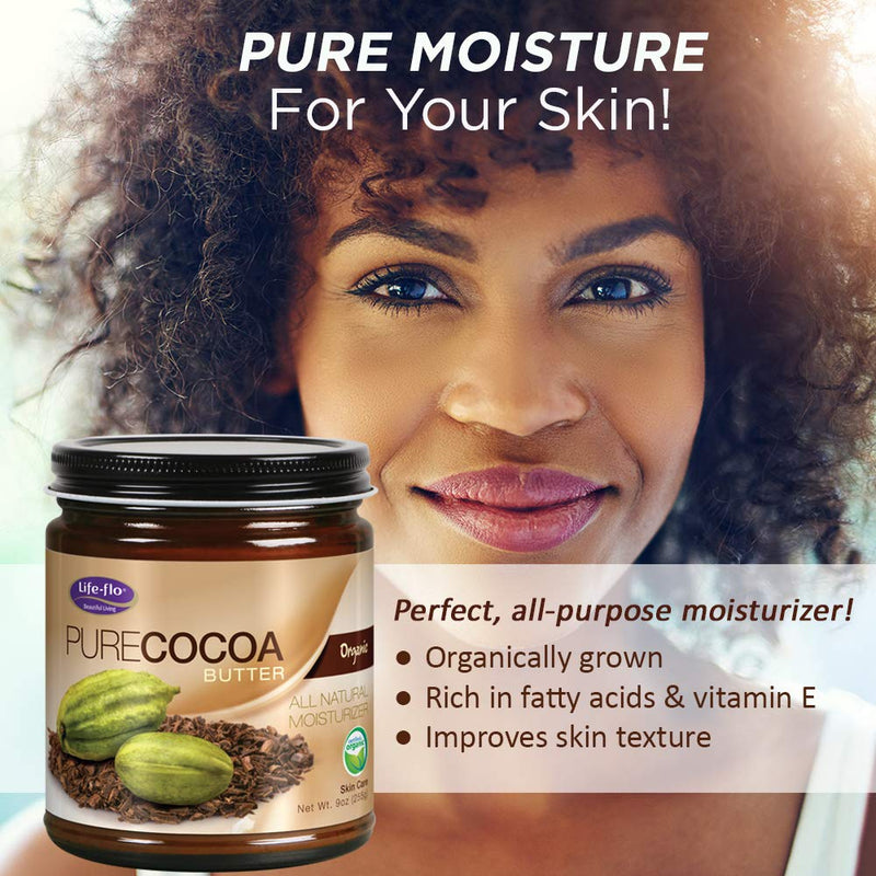 LIFE-FLO Pure Organic Cocoa Butter | Face & Body Moisturizer for Dry Skin & Scalp, Heels, Elbows, Stretch Marks | 9oz