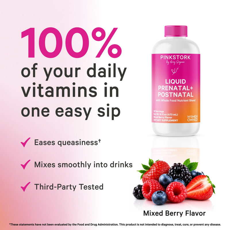 Pink Stork Liquid Prenatal Vitamins for Women – Berry, 32 Servings | Doctor Formulated, Organic Whole-Food Blend, Methylated Folate, Sugar-Free, Fertility to Postpartum, Breastfeeding Friendly 16 Fl Oz (Pack of 1)