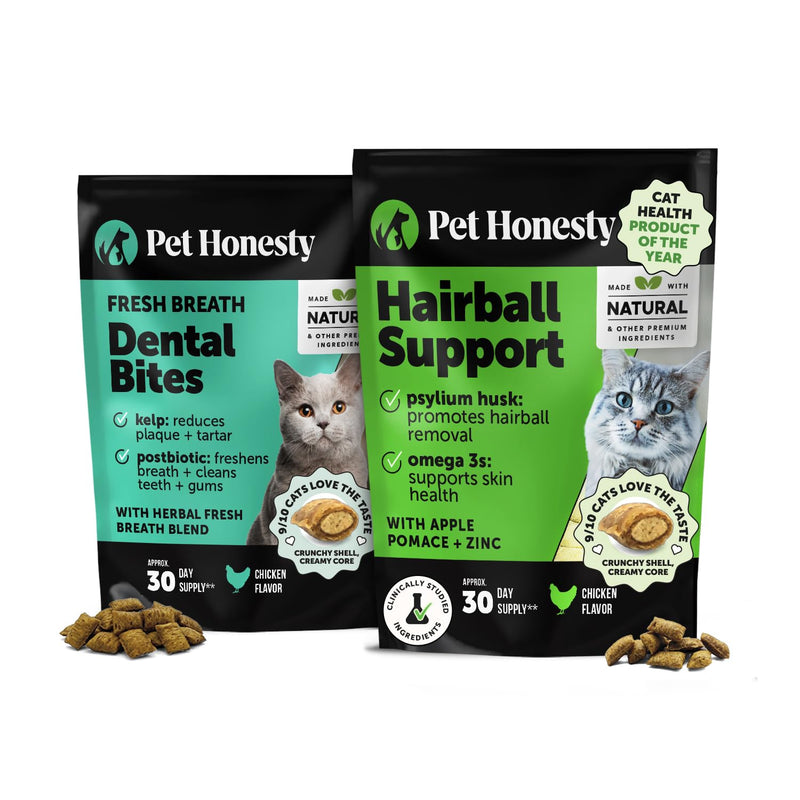 Pet Honesty Cat Dental & Hairball Support Virtual Bundle — Fresh Dental Bites + Hairball Support Crunchy & Creamy Chews (30-Day Supply)