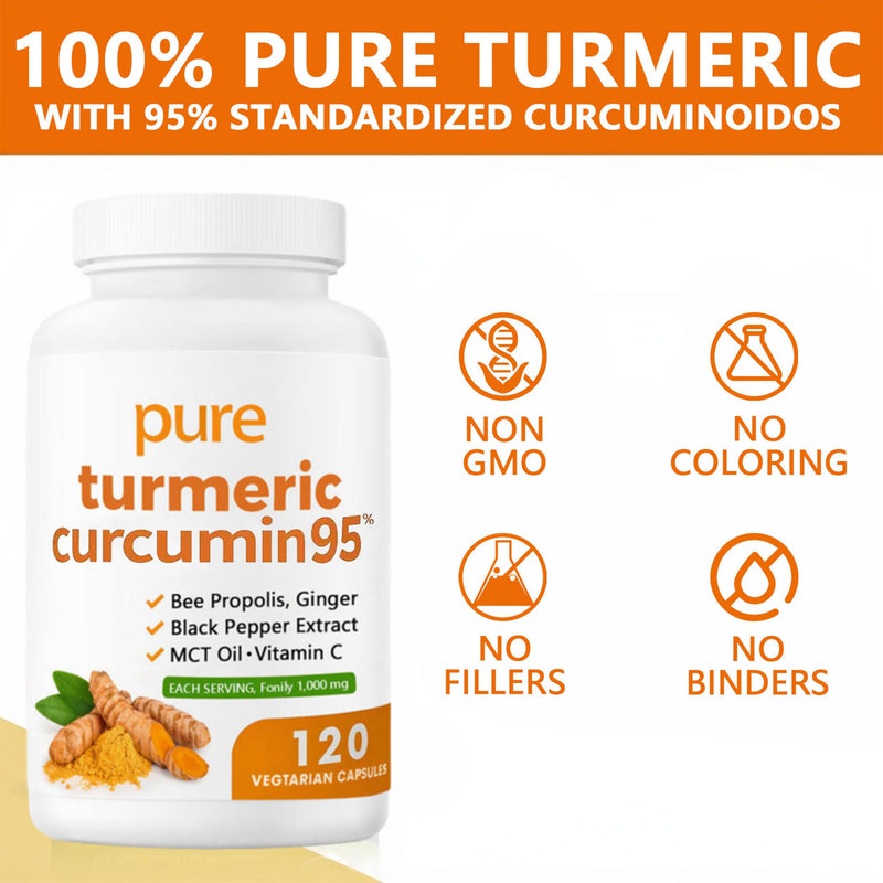 Turmeric Curcumin 95 1000mg - 95% Turmeric Complex Supplement with Bee Propolis, Ginger, MCT Oil, Fat Soluble Vitamin C, & Black Pepper, Non-GMO, Gluten Free, 120 Capsules