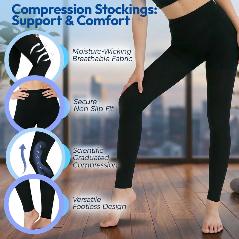 Compression Stockings Women, 15-20mmHg Medical Grade Compression Leggings Footless-Black+Beige X-Large