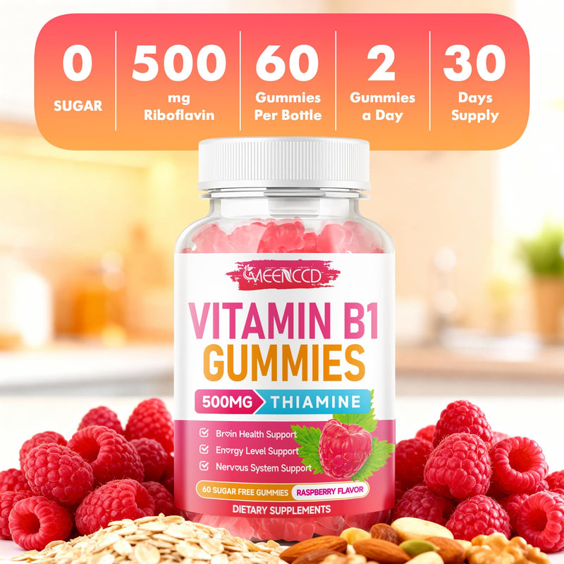 MEENCCD Vitamin B1 Gummies 500mg, Thiamine B1 Supplement Supports Energy Production, B1 Vitamin for Adults & Kids, Sugar-Free, Vegan, Raspberry Flavor, 60 Count 60 Count (Pack of 1)