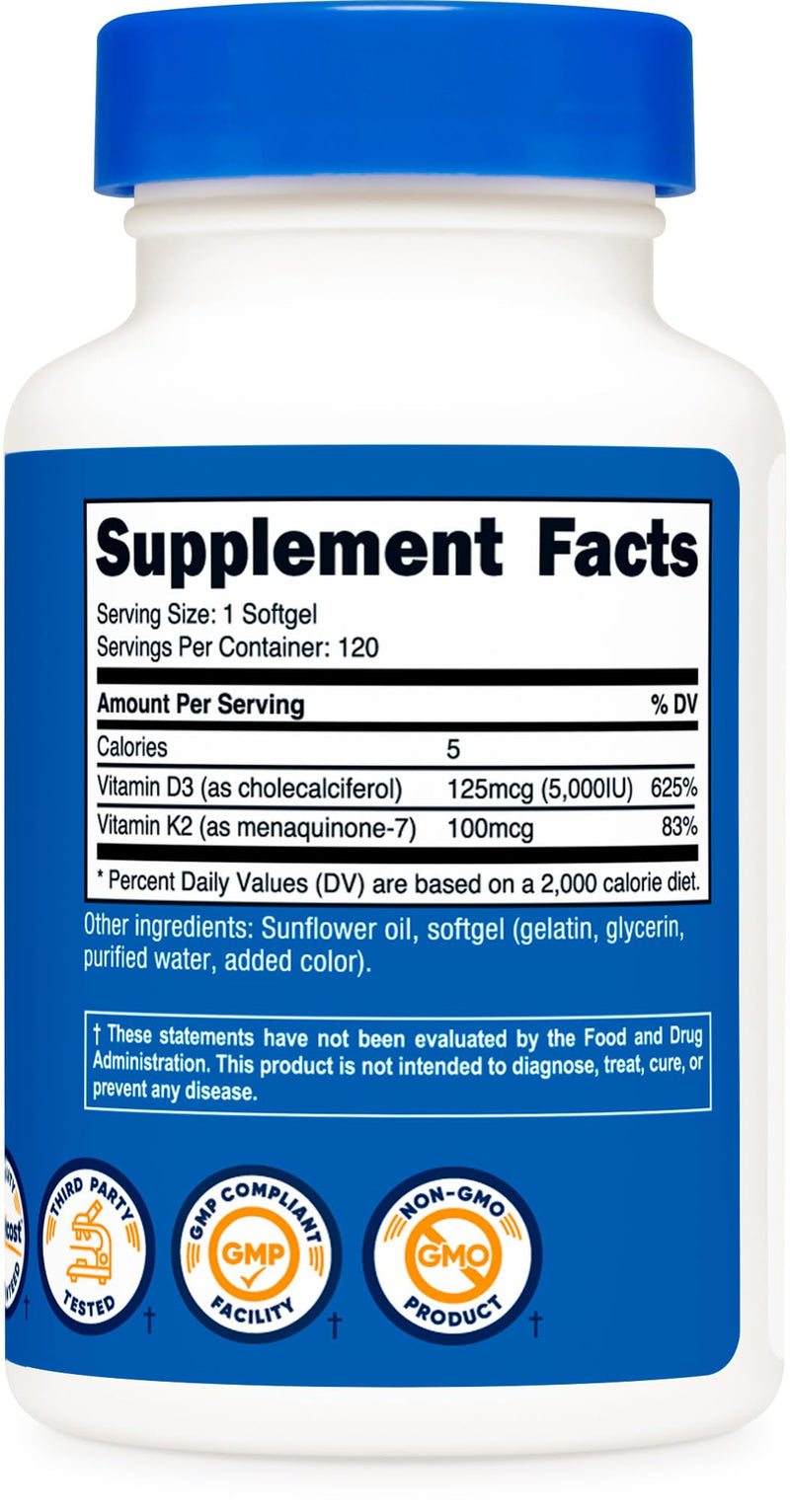 Nutricost Vitamin K2 (MK7) (100mcg) + Vitamin D3 (5000 IU) 120 Softgels - Gluten Free and Non-GMO Unflavored 120 Count (Pack of 1) - BeesActive Australia