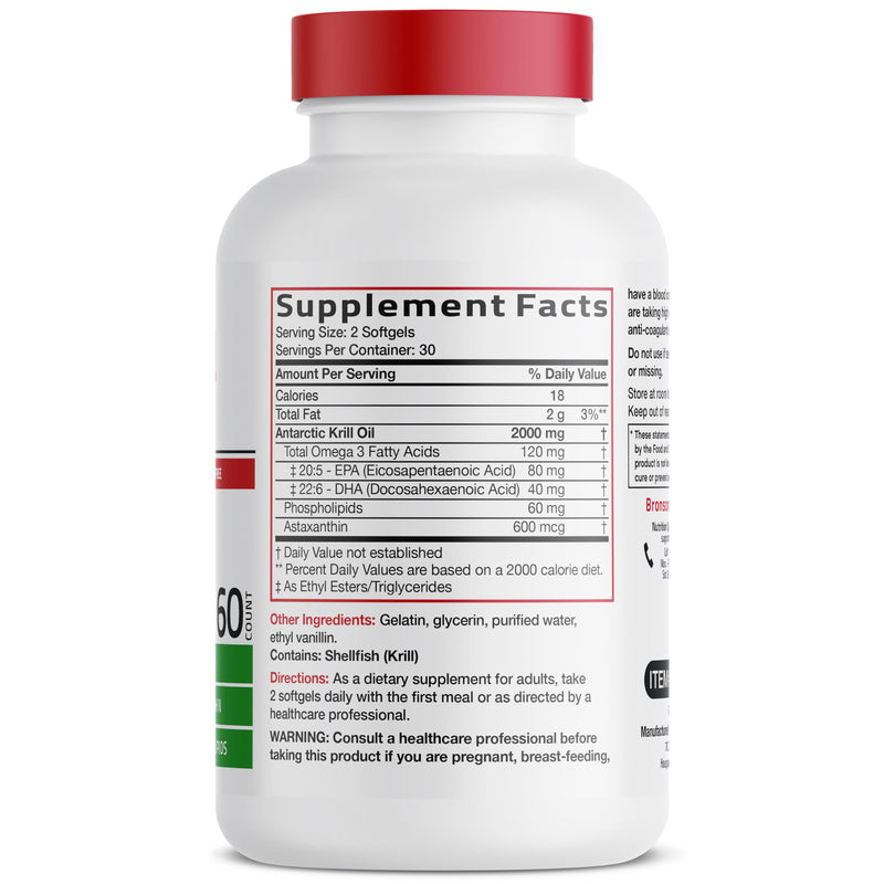 Bronson Antarctic Krill Oil 2000 mg with Omega-3s, 60 Softgels | Heavy Metal Tested, with EPA, DHA, Astaxanthin and Phospholipids, Non-GMO, Gluten Free, Soy Free 60 Count (Pack of 1)