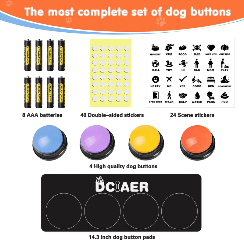 Dog Buttons for Communication,Talking Buttons for Dogs,4 Recordable Sound Buttons + 24 Scene Patterns + 1 Dog Button Mat+ 8 AAA Batteries 4 Pack - BeesActive Australia