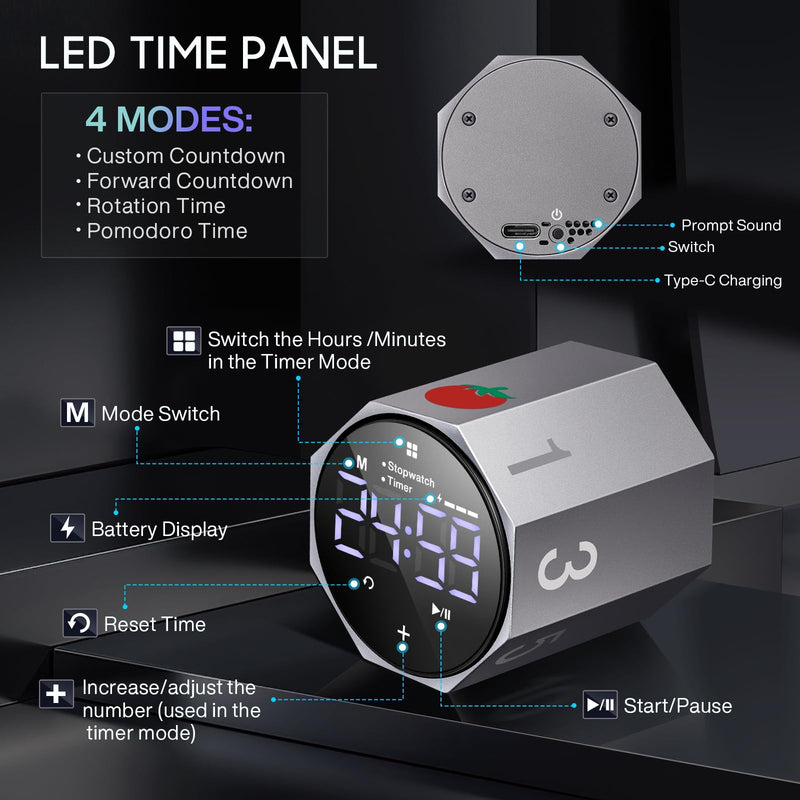 Digital Pomodoro Timer,Frosted Metal Productivity Cube Timer,1.8 in LED Digital Large Screen and Auto-Rotating Display,1/3/5/10/25/30/60min&Custom Time, Silent & Alarm,for Office, Study, Work(Grey) - BeesActive Australia