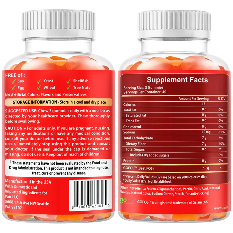 Fiber Gummies for Adults 7g - Digestive Health & Regularity - 120 Count | Sugar Free Fiber Supplement for Women and Men - Pectin-Based (No Gelatin), Non-GMO, Vegan, Made in USA 120 Count (Pack of 1)